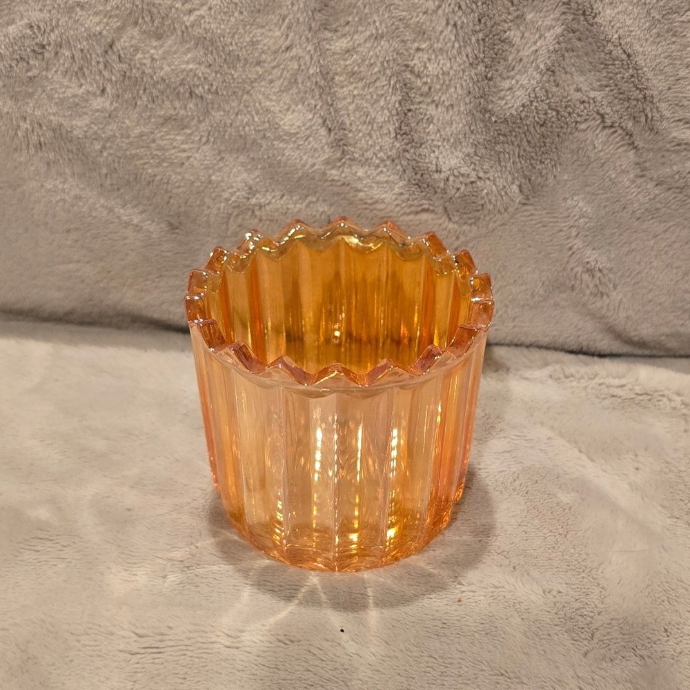 Vintage Marigold Carnival Glass Ribbed Votive Candle Holder Iridescent Orange